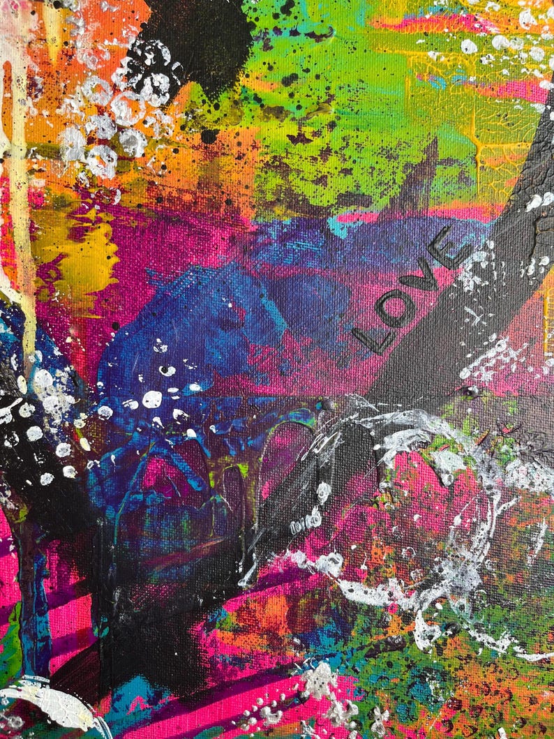 May include: An abstract painting on canvas featuring vibrant layers of neon pink, electric blue, bright orange, and lime green paint. The composition includes splatters of white and black, textured brushstrokes, and the word LOVE in black.