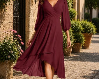 Elegante vestido largo fluido para mujer, vestido de noche de corte A con mangas largas