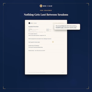 Op de afbeelding: Een wit coaching sessieoverzicht formulier op een donkerblauwe achtergrond. Het formulier bevat secties voor sessieoverzicht, pre-sessie check-in en sessiefocus en resultaten. Een tekstvak benadrukt gestructureerde velden voor NLP-interventies.