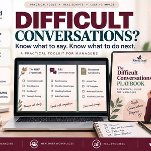 May include: A digital toolkit for managers titled Difficult Conversations, featuring a laptop displaying the PREP framework, a tablet showing the Difficult Conversations Playbook, a mug with text, a notepad with a checklist, and stacked books.