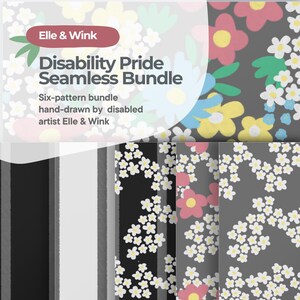 Patrones florales sin costuras con el lema "Orgullo de la Discapacidad", paquete dibujado a mano (descarga digital) (licencia de estudio)
