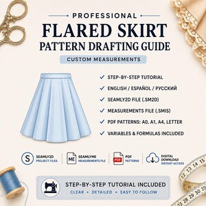 Op de afbeelding: Een professionele patroongids voor een uitlopende rok met een illustratie van een lichtblauwe rok, tekst over een stapsgewijze handleiding, Seamly2D- en meetbestanden, PDF-patronen in A0, A1, A4 en letterformaat, plus variabelen en formules.