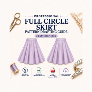 Peut inclure: Un guide de patronage pour jupe cercle complet avec deux illustrations de jupes lavande, des ciseaux, une bobine de fil lavande et un ruban à mesurer. Le texte indique Professional Full Circle Skirt Pattern Drafting Guide.