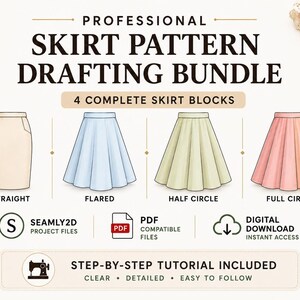 May include: A digital skirt pattern drafting bundle featuring four skirt blocks: straight, flared, half circle, and full circle. Includes Seamly2D project files, PDF files, and a step-by-step tutorial. The graphic displays sewing icons, a measuring tape, and scissors.