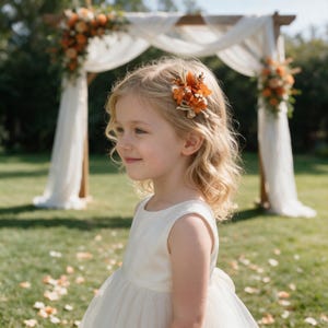 May include: A hair clip featuring a cluster of dried orange and white flowers, including small blossoms and feathery textures, secured to a small metal base. The floral arrangement is designed to be worn in the hair as a decorative accessory.