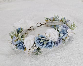 Flower Crown for Girls,White Dusty Blue Flower Hair Band,Bridal Flower Headpiece,