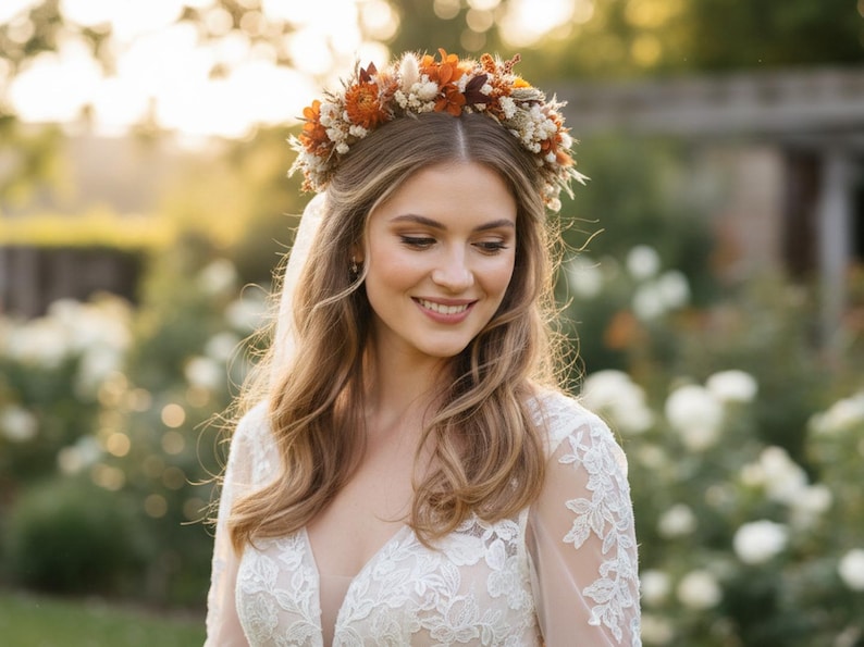 May include: A floral crown featuring dried flowers in shades of burnt orange, cream, and brown, worn atop long wavy hair. The headpiece is composed of small blossoms, grasses, and foliage arranged in a circular band, resting above a white lace dress.