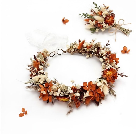 Burnt Orange Flower Crown for Girls,Terracotta Rustic Dried Wildflower Crown, Real Flower Headpiece,