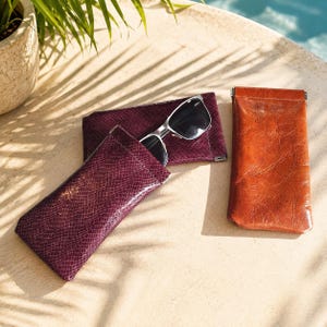 May include: Two rectangular eyeglass cases and a pair of sunglasses. One case features a deep purple textured finish, while the other has a smooth, glossy tan leather appearance. The sunglasses have dark lenses and a silver-toned metal frame.