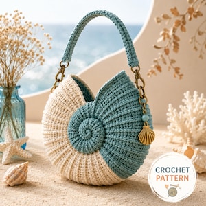 May include: A round, spiral-shaped crochet bag featuring a two-tone design in cream and teal. The bag has a matching teal crochet handle attached with bronze-toned metal clasps and a small hanging seashell charm. Text reads CROCHET PATTERN.