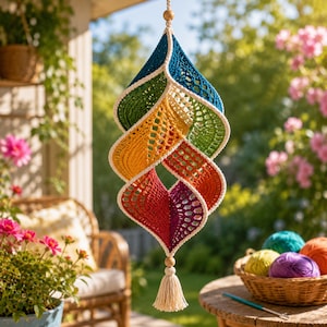 Crochet Wind Spinner Pattern PDF, Spiral Hanging Crochet Decor, Twisted Rainbow Wind Spinner, Boho Garden Ornament, Instant Download