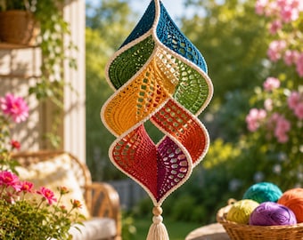 Modèle PDF de girouette au crochet, décoration suspendue en spirale, girouette arc-en-ciel torsadée, ornement de jardin bohème, téléchargement instantané