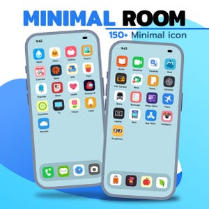 Könnte beinhalten: Zwei Smartphone-Bildschirme mit einer Sammlung bunter App-Symbole im flachen Design. Der Text MINIMAL ROOM und 150+ Minimal icon steht oben. Die Symbole stellen verschiedene Objekte wie ein Küken, Kleidung, Lebensmittel und Werkzeuge dar.