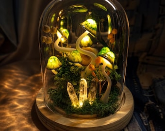 Lámpara de terrario con forma de hongo brillante, luz nocturna de bosque encantado, decoración rústica campestre.