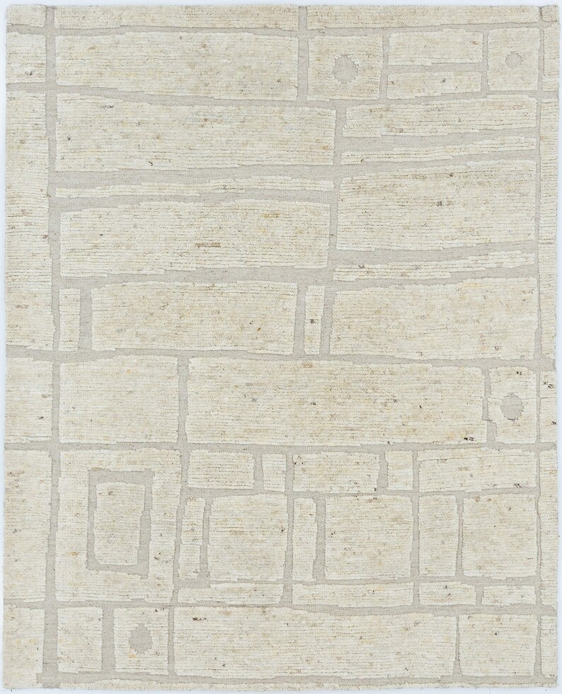 Still Water Brook Cream Wool Rug, Hand-Knotted Tonal Washed Pattern, Cream Area Rug 8x10 image 1
