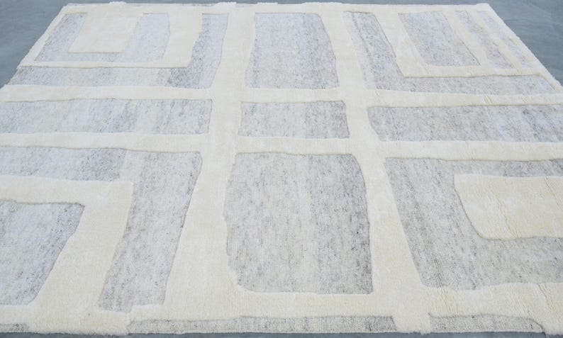 Warm Grain Cleary Ivory wollen vloerkleed, handgeknoopt met een gestructureerd tribaal weefsel, ivoorkleurig crèmekleurig vloerkleed 8x10 afbeelding 8