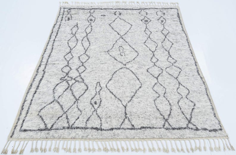 Hoogpolig wollen vloerkleed Bloom Storm, handgeknoopt, pluche, hoog-laagpolig, antracietblauw, vloerkleed 8x10 afbeelding 2