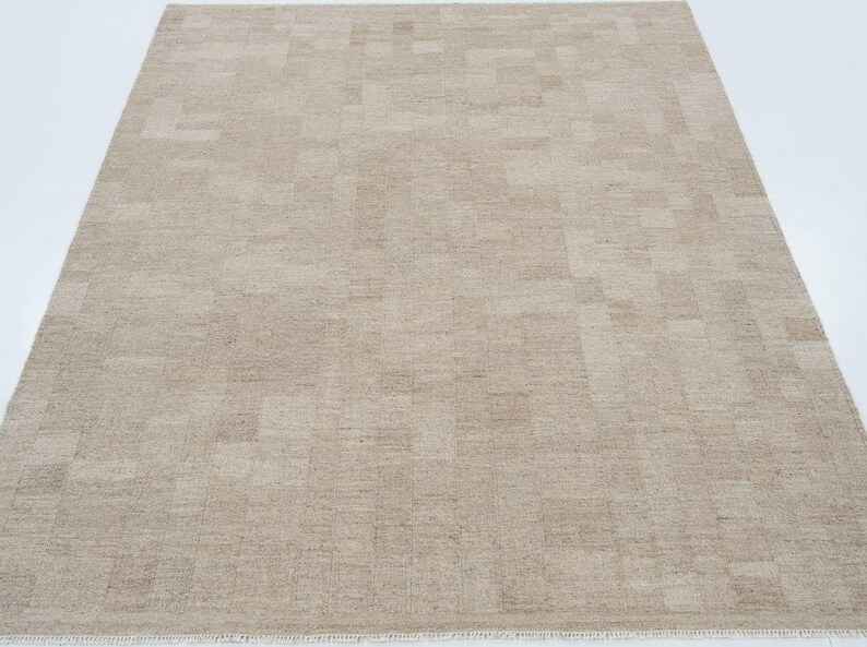 Zachte, laagpolige, camelkleurige wollen vloerkleed, handgeweven, platgeweven, warme camelkleurige vloerkleed 8x10 afbeelding 2