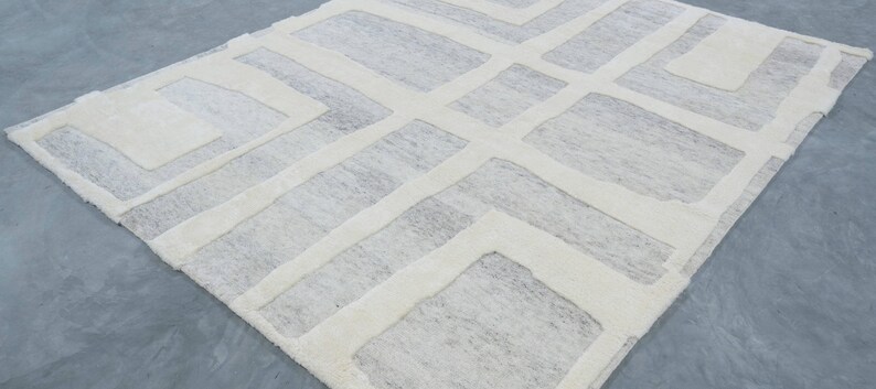 Warm Grain Cleary Ivory wollen vloerkleed, handgeknoopt met een gestructureerd tribaal weefsel, ivoorkleurig crèmekleurig vloerkleed 8x10 afbeelding 6