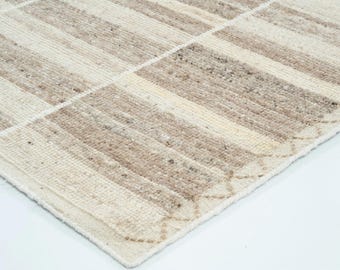 Crèmekleurig wollen vloerkleed met hoge pool, handgeknoopt, pluche, hoog-laag pool, crèmekleurig vloerkleed 8x10