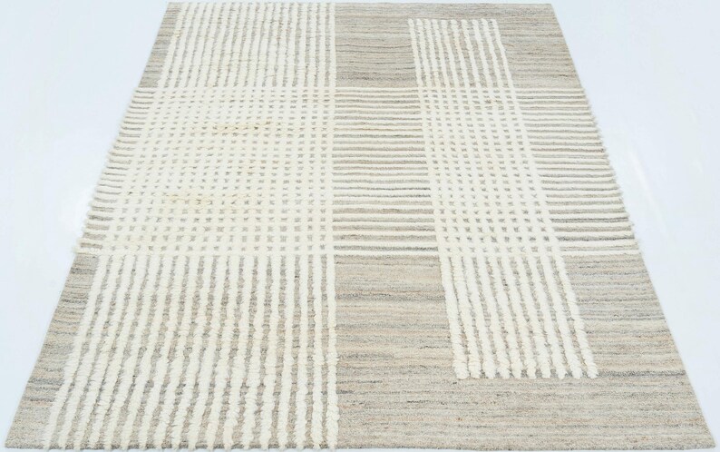 Warm Grain Bog Ivory Wollteppich, handgeknüpft, strukturiertes Tribal-Webmuster, elfenbeinfarbener Teppich (8x10) Bild 2
