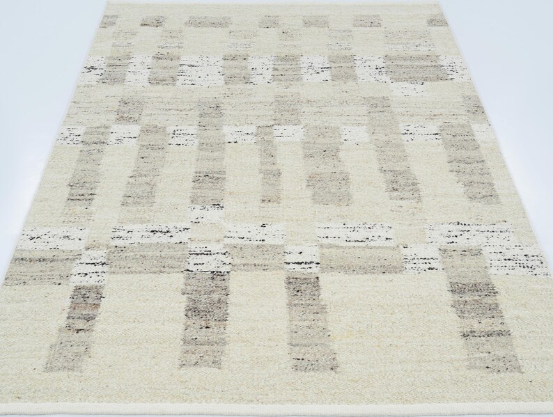Varm, narvfärgad krämig ullmatta, handvävd texturerad tribalväv, krämfärgad matta 8x10 bild 2