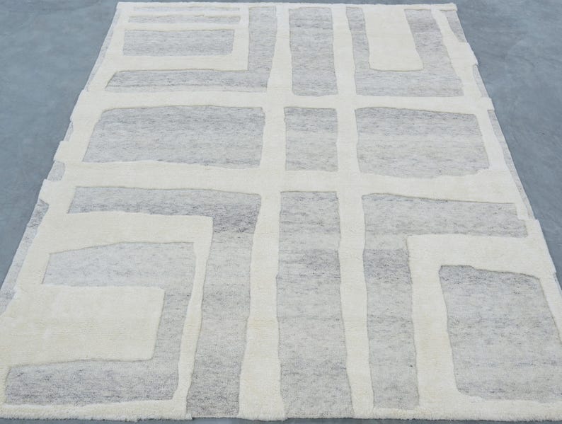 Warm Grain Cleary Ivory wollen vloerkleed, handgeknoopt met een gestructureerd tribaal weefsel, ivoorkleurig crèmekleurig vloerkleed 8x10 afbeelding 2