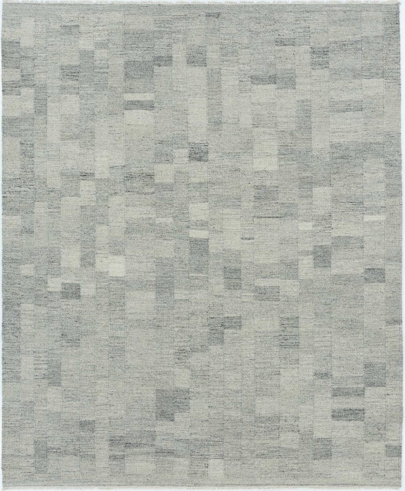 Zacht, handgeweven, laagpolig, taupekleurig vloerkleed van wol, 8x10 cm. afbeelding 1