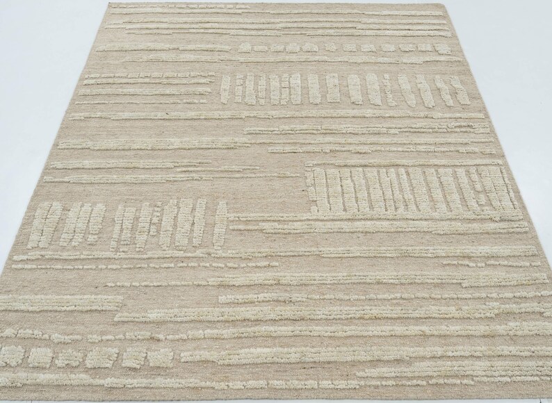Tapete Open Field Basil Cream em Lã, Tecido Minimalista Aberto com Nós à Mão, Tapete de Área Creme 8x10 imagem 2