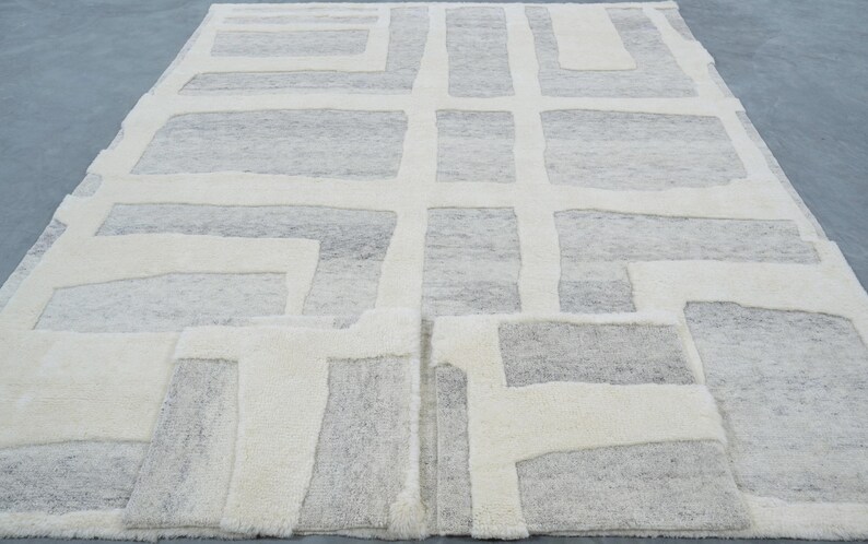 Warm Grain Cleary Ivory wollen vloerkleed, handgeknoopt met een gestructureerd tribaal weefsel, ivoorkleurig crèmekleurig vloerkleed 8x10 afbeelding 3