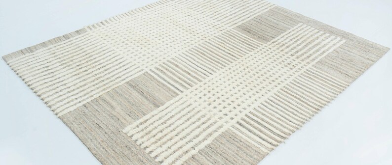 Warm Grain Bog Ivory Wollteppich, handgeknüpft, strukturiertes Tribal-Webmuster, elfenbeinfarbener Teppich (8x10) Bild 6