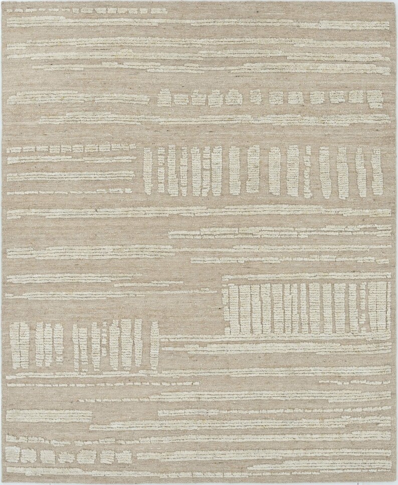 Tapete Open Field Basil Cream em Lã, Tecido Minimalista Aberto com Nós à Mão, Tapete de Área Creme 8x10 imagem 1