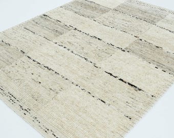 Alfombra de lana color crema Warm Grain Boulder, tejido tribal texturizado anudado a mano, alfombra color crema de 8x10
