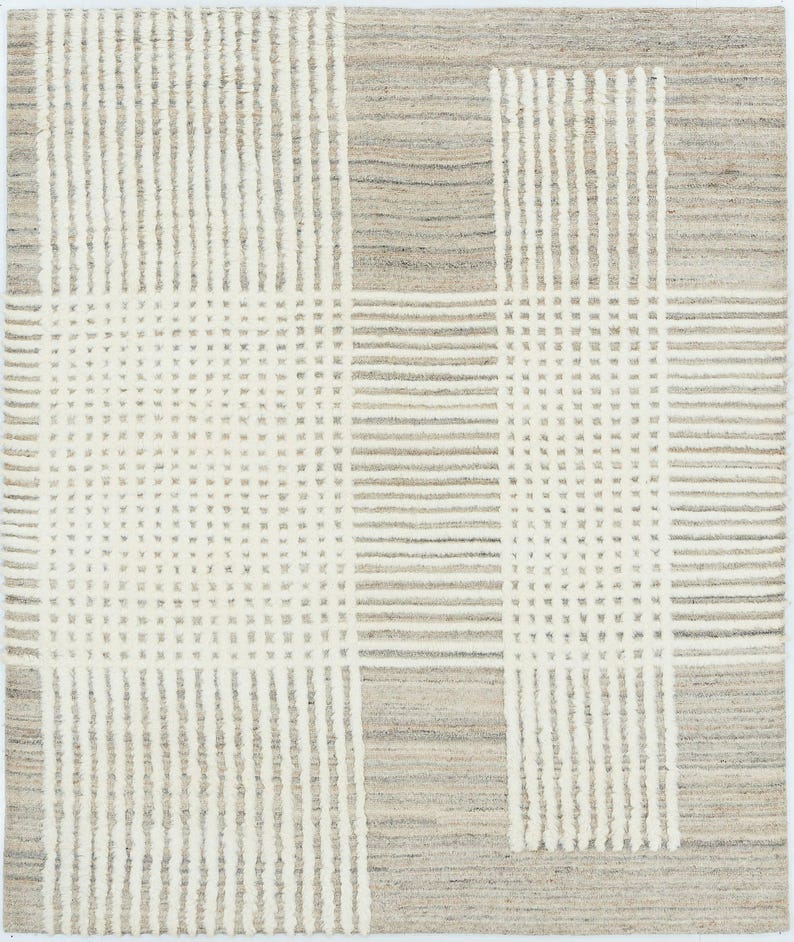 Warm Grain Bog Ivory Wollteppich, handgeknüpft, strukturiertes Tribal-Webmuster, elfenbeinfarbener Teppich (8x10) Bild 1
