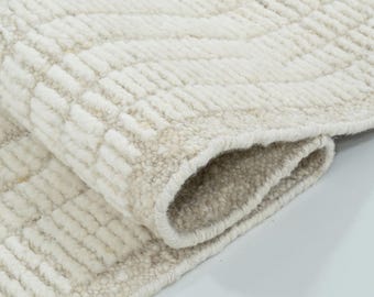Djup lugg i ull, handknuten plysch med hög/låg lugg, elfenbensfärgad krämfärgad matta 8x10