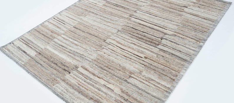 Tapis en laine à poils longs couleur taupe corail, noué à la main, à poils longs et courts, tapis grège taupe 8x10 image 5