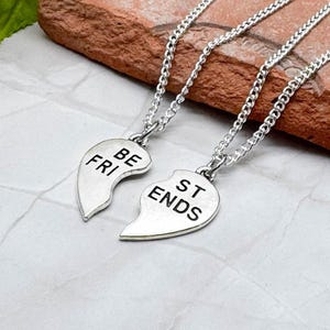 Set of 2 Best Friends Necklaces, Silver Plated Curb Chain, Half Broken Heart Charm Pendant, Gift for BFF Friendship Present, Length Choice