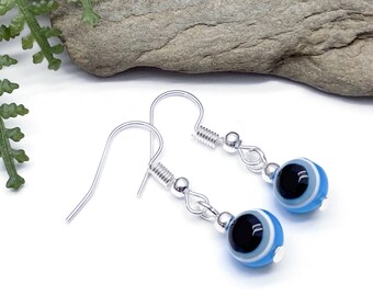 Evil Eye Bead Earrings, Blue Glass Beads on Silver Tone Hooks Round 8mm Light Blue Evil Eye Beads Bright Colourful Gift Idea for Her