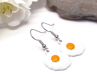 Fried Eggs Charm Earrings Tibetan Style White and Yellow Enamel Charms on Nickel Free Hooks Cute Gift Idea for Girls Her Egg Lovers