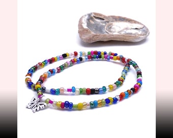 Butterfly Anklet Set | 1 Charm 1 Plain Multi-Colour Glass Seed Beads Plus Sizes Available 8 to 15 inches Beach Wear Summer Style