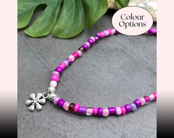 Daisy Flower Anklet Pink and Purple Mix Glass Seed Beads Tibetan Charm Stylish Design Plus Sizes Available 8 to 15 inches Beach Wear Summer
