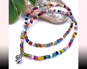 Elephant Charm Anklet Set 1 Charm 1 Plain Multi-Colour Glass Seed Beads Plus Sizes Available 8 to 15 inches Beach Wear Summer Style