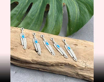 Feather Charms, 10x Tibetan Silver and Turquoise Blue Charms for Jewellery Making, Shiny Silver Zinc Alloy Pendants for Bracelet or Earrings