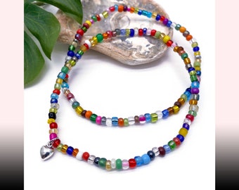 Small Heart Anklet Set 1 Charm 1 Plain Multi-Colour Glass Seed Beads Plus Sizes Available 8 to 15 inches Beach Wear Summer Style