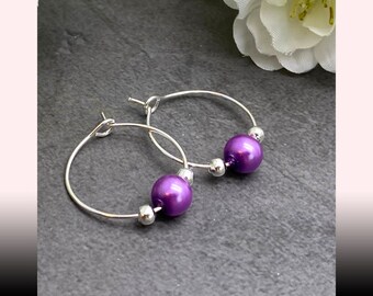 Purple Bead Hoops, Small Silver Hoop Earrings with Silver and 6mm Purple Beads, Gift Idea for Her, Cute Everyday Jeweller