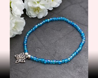 Butterfly Charm Anklet | Turquoise Blue Glass Seed Beads in Stylish Design Plus Sizes Available 8 to 15 inches Beach Wear Summer Style