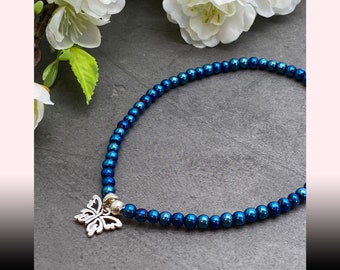 Butterfly Anklet | Shimmery Dark Blue Glass Seed Beads Charm Stylish Design Plus Sizes Available 8 to 15 inches Beach Wear Summer