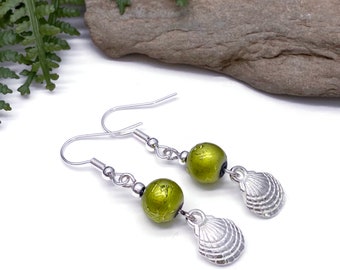 Long Shell Charm Earrings | Lime Green Glass Beads | Elegant Ocean Theme | Beaded Earrings Silver Tone Hooks | Gift Idea for Her