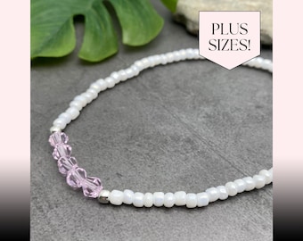 PLUS SIZE Anklet, White Seed Bead Anklet with Pale Pink Bicone Glass Beads Beach Wear Summer Style Extra Large Ankle Bracelet for Women