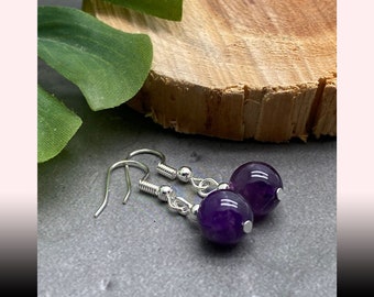 Amethyst Earrings, Natural Stone Beads, Silver Tone Hooks with Round Dark Purple Birthstone Gift Idea for Her, Beaded Amethyst Earrings